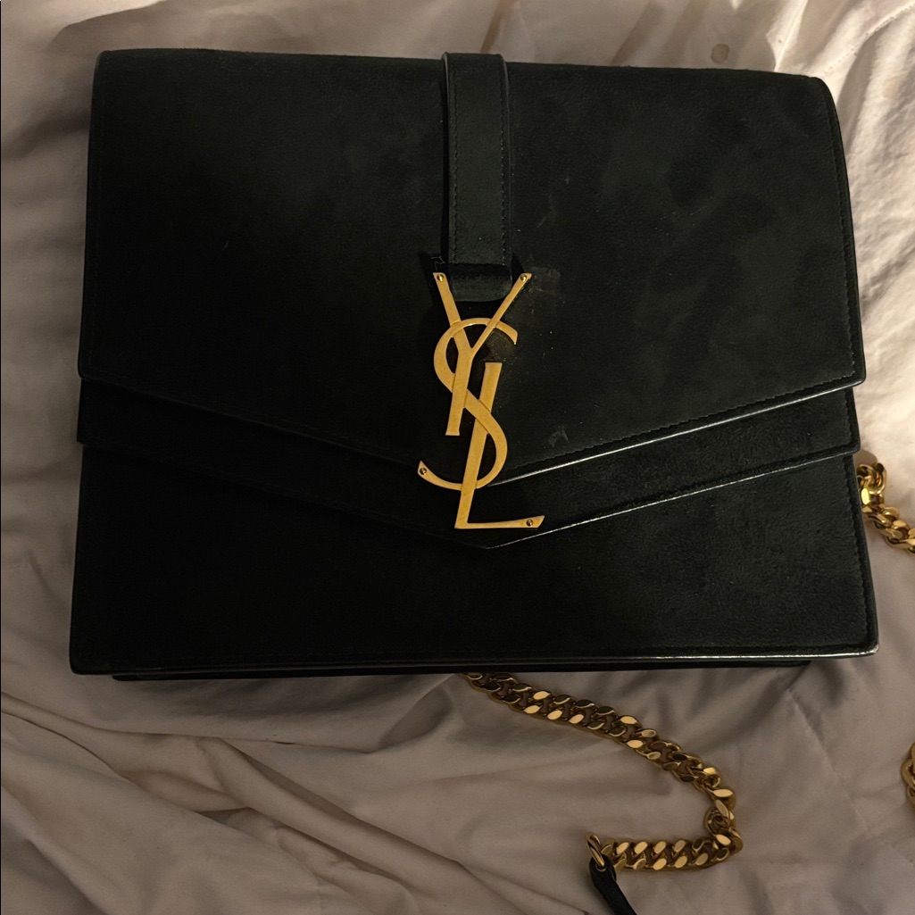 Saint Laurent Dark Green Leather Bag With Gold Accents